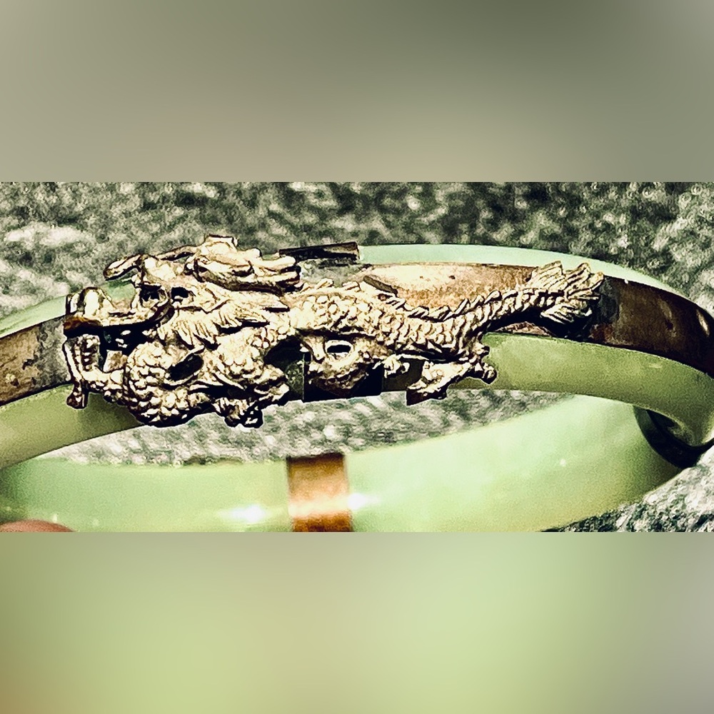 Jade bangle bracelet embellished w/silver dragon &phoenix symbols=strength/power